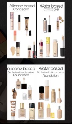 Best Skin Prep For Makeup, Makeup Combos Products, Water Based And Silicone Based Makeup, Silicone Primer Drugstore, Water Base Vs Silicone Base Makeup, Silicone Based Primer, Water Based Concealer, Makeup For Combination Skin, Silicone Based Foundation