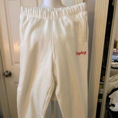 Pacsun Playboy White Sweatpants Size Medium Woman's Sold Out They Run Over Sized May Fit A Large But There True Size Medium From The Waist I'm A Size 7 Jeans And The Waist Fit Good I Just Didn't Like That There Too Baggy They Are Really Cute And Soft... Smoke Free Home Price Is Firm Sorry Will Not Take Offers White Summer Leisure Pants, White Leisure Long Pants, White Long Pants For Leisure, White Relaxed Fit Bottoms For Leisure, White Relaxed Fit Leisure Bottoms, White Sweatpants For Spring Leisure, White Summer Sweatpants With Pockets, Casual White Pants For Day Out, Trendy White Leisure Bottoms