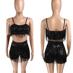 Sequined Tassel 2 Piece Set For Women - For Women USA Black Summer Party Sets, Black Party Sets For Summer, Black Cropped Sets For Summer, Black Cropped Summer Sets, Sleeveless Fringe Crop Top For Night Out, Summer Party Sets With Crop Top, Summer Party Crop Top Set, Summer Fringe Crop Top For Night Out, Summer Party Shorts With Fringe