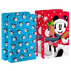 three christmas gift bags with mickey mouse characters on them, one in blue and the other in red