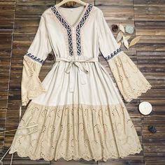 Women's Boho Dress V-Neck Embroidery Floral Bohemian Dress Lace Elegant Dress Bohemian V-neck Maxi Dress With Lace Patchwork, Fall V-neck Dress With Embroidered Hem, Bohemian V-neck Dress For Fall, Traditional V-neck Boho Dress For Spring, Embroidered V-neck Bohemian Dress, Beige V-neck Dress With Floral Embroidery, Fall V-neck Dress With Lace Trim, Bohemian Maxi Dress With Lace Patchwork And V-neck, Spring V-neck Boho Dress With Floral Embroidery