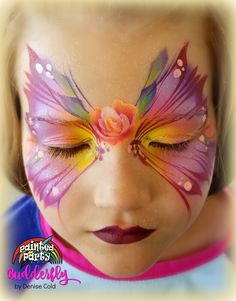 Butterfly Face Painting with Rose Bud center by Denise Cold of Painted Party Face Painting www.PaintedParty.com Face Painting Party, Butterfly Face, Painting Party, Rose Bud