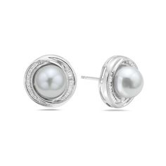 Show your attention to detail with the baguette-cut and round diamond frame design of these freshwater cultured pearl stud earrings in white gold. Fashioned in cool 10K white gold Each earring glistens with a lustrous 8.5mm freshwater cultured pearl at the center. The swirling frame sparkles with bypassing ribbons of channel-set baguette-cut and round diamonds. These 1/4 ct. t.w. diamond post earrings secure comfortably with friction backs. Elegant Round Diamond Earrings With Baguette Diamonds, Elegant Round Baguette Diamond Earrings, Diamond Frame, Channel Set, Baguette Cut, Pearl Stud Earrings, Pearl Studs, Round Diamond, Frame Design