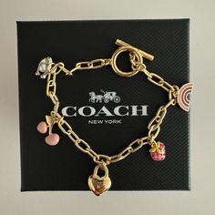 Nwot No Box 5 Charms *Gold Plated* Paper Clip Gold Plated Chains With 5 Charms Toggle Clasp Rare Charm Bracelet By Coach Coach Bracelets, Strawberry Bracelet, Cherry Strawberry, Custom Charm Bracelet, Bracelets Charms, Coach Jewelry, Vintage Charm Bracelet, Dior Jewelry, Coach New York