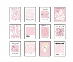 twelve pink and white cards with different designs