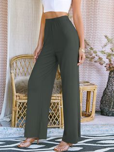 Dark Green Casual   Polyester Plain Wide Leg Embellished Slight Stretch Spring/Summer/Fall Women Bottoms Women Bottoms, Trendy Fashion Women, Summer Fall, Autumn Summer, Leg Pants, Womens Bottoms, Wide Leg Pants, Rib Knit, Fashion Clothes Women