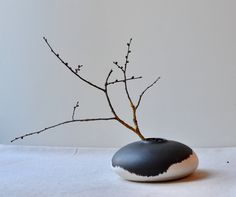 a black and white vase sitting on top of a table next to a tree branch