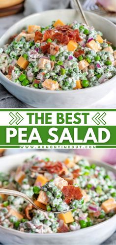 peas salad with bacon and cheese in a white bowl