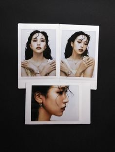 three polaroid photos of a woman's face with hands on her chest and the other half of her body