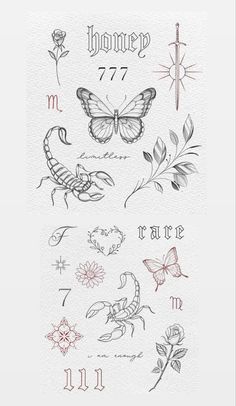 some tattoos that are on the back of a sheet of paper with flowers and butterflies