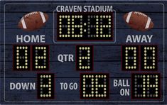 a wooden scoreboard with footballs on it and the words home, visitors, or to go