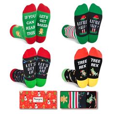 six pairs of christmas socks with sayings on them, including one for men and the other for women