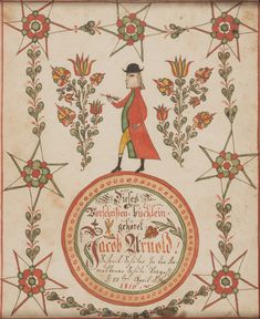 an image of a man in red coat and hat with flowers on the border, surrounded by stars