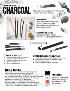 the instructions for how to use charcoals and other items in an art project, including brushes