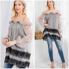 Brand New Ryu Taupe Chiffon Off The Shoulder, Lace Embellishments, Long Sheer Sleeves Tunic. This Tunic Is Gorgeous. Pictures Do Not Do It Justice. Just Beautiful. Lowball Offers Ignored Off-shoulder Chiffon Blouse For Party, Summer Chiffon Tops With Lace Trim, Sheer Chiffon Flowy Blouse, Sheer Flowy Chiffon Blouse, Sheer Flowy Chiffon Top, Spring Lace Chiffon Top, Spring Chiffon Lace Top, Spring Chiffon Tops With Lace Trim, Chiffon Tops With Lace Trim For Spring