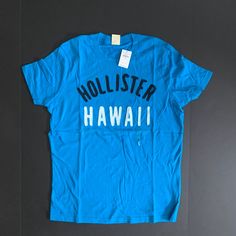 Hollister Embroidered Crew Neck T-Shirt Brand New With Tags, Never Worn Casual Summer T-shirt With Embroidered Graphics, Relaxed Fit T-shirt With Embroidered Logo For Summer, Summer Cotton Tops With Embroidered Logo, Summer Cotton Top With Embroidered Logo, Blue Cotton T-shirt With Embroidered Logo, Casual T-shirt With Embroidered Logo, Blue Cotton T-shirt For Summer, Blue Graphic Tee With Embroidered Logo, Blue Casual Top With Embroidered Logo