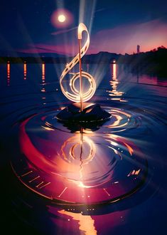 a musical note floating on top of water at night with the moon in the background