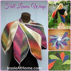 a crocheted shawl is shown with pictures of it and the words fall leaves wrap