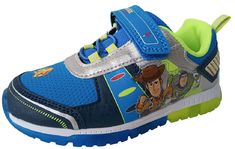 a child's blue and green shoe with toy story characters on the upper part