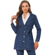 Add some elegance to your ensemble courtesy of this jacket that boasts a denim design and a long, flowing fit. It's cut with structured denim that has front pockets, a notched collar, and a belt at the waist. A wardrobe staple to see you through the season, it is an effortless look for any ensemble. Wear them on those tricky in-between-season days and pair them with straight-leg jeans and ankle boots. Long Denim Jacket, Suede Trench Coat, Denim Trench Coat, Blue Trench Coat, Double Breasted Trench Coat, Classic Denim Jacket, Denim Pocket, Long Trench Coat, Cargo Jacket