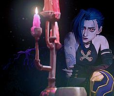 a woman with blue hair sitting next to a candelabra filled with candles