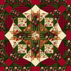 a red and green patchwork quilt with an intricate design on the center, surrounded by leaves and flowers