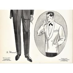 This is an original mid-century vintage French fashion plate.  It features men’s formal attire for the 1960 Spring-Summer season. It is a RARE piece that came from a French men’s master tailoring publication, L’Homme. It showcases the classic tuxedo, a white double breasted dinner jacket, and a white tuxedo jacket. It is a handsome print that features luxurious, highly stylized men’s wear. It highlights sophisticated accessories such as a cummerbund, pocket squares, bow ties, and cuff linked shi Vintage Tailored Suit For Formal Occasions, Vintage Three-piece Suit With Notch Lapel For Business, Vintage Tailored Three-piece Suit For Formal Occasions, Vintage Fitted Suit For Formal Occasions, Fitted Vintage Suits For Formal Occasions, Vintage Three-piece Suit With Suit Collar For Business, Tailored Vintage Three-piece Suit, Vintage Three-piece Suit For Business, Vintage Three-piece Business Suit