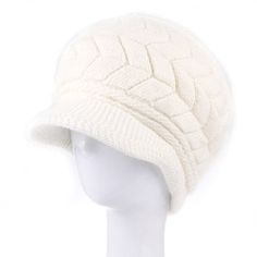 White Casual Crochet Hat For Cold Weather, Casual White Crochet Hat For Cold Weather, White Acrylic Winter Hat, White Crochet Knit Hat For Winter, Cream Crochet Cap For Winter, Casual White Knitted Bonnet, White Acrylic Hat For Fall, White Brimmed Beanie For Winter, Winter White Knitted Hats