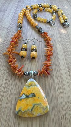 yellow jasper, coral and bumble bee jasper pendant, necklace 31 inch, bracelet 7.5 inch light orange and yellow Dangle Jasper Jewelry With Natural Stones, Natural Jasper Stone Dangle Jewelry, Natural Stone Jasper Dangle Jewelry, Jasper Jewelry With Natural Stones For Healing, Orange Gemstone Round Beads Jewelry, Beaded Jasper Round Beads Jewelry, Yellow Pendant Jewelry With Lobster Clasp, Beaded Jasper Jewelry With Round Beads, Beaded Jasper Jewelry