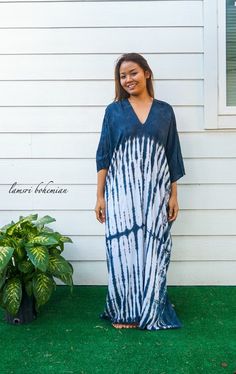 "🌈 Tie Dye Kaftan Dress, Loose Fit Tie Dye Dress, Hippie Tie Dye Kaftan, Tie Dye Clothing, Oversize Kaftan Dress, Tye Dye Caftan Dress Measurement and detail: 👉Fabric: 100% Breathable and Comfy Rayon 👉Method: Hand Dyed 👉Size: One Size Fits Most (M-4XL) Extremely comfy  👉Boho/Hippie /Festival/Beach/Tropical/Fancy/UniqueTheme 👉Length of Dress: 55\" 👉Width of Dress: 45\" 👉Bust 60\"-90\" 👉The back is identical to front pattern 👉Great for wearing while doing arts, crafts, relaxing at your h V-neck Maxi Dress With Natural Dye For Summer, Bohemian Tie Dye V-neck Kaftan, Bohemian Tie-dye V-neck Kaftan, Indigo Maxi Dress For Beach In Spring, Indigo Maxi Dress For Beach And Spring, Indigo Maxi Dress For Spring Beach Occasion, Flowy V-neck Dresses With Natural Dye, Summer Batik Print V-neck Maxi Dress, Indigo Bohemian Maxi Dress For Summer