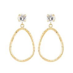 These classic open teardrop earrings with a hammered design are enhanced with 5mm round created white sapphire stones. Crafted of polished and diamond cut finishes, these earrings are hollow and have a secure post closure. Light weight and flowy, these earrings are perfect for everyday wear. Perfect for a gift. Brilliance Fine Jewelry. Womens gold dangle earrings. Size: one size.  Color: Metal Type.  Gender: female.  Age Group: adult. Diamond Cut Teardrop Earrings, Elegant Hammered Teardrop Earrings, Elegant Hammered Dangle Teardrop Earrings, Elegant Hammered Teardrop Dangle Earrings, Elegant Hammered Teardrop Earrings For Gift, Hammered Teardrop Earrings For Formal Occasions, Formal Teardrop Hammered Jewelry, Diamond Cut Teardrop Earrings Gift, Modern Teardrop Diamond Cut Earrings