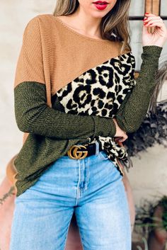 Multicolor Leopard Color Block Long Sleeve Knit Top Cozy Oversized Sweaters, Long Sleeve Knit Top, Stylish Sweaters, Sweater Collection, Color Block Top, Knit Tunic, Long Sleeve Knit Tops, Chunky Knits Sweater, Sweater Sale