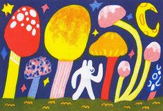 an image of children's artwork with mushrooms and stars in the night sky above them