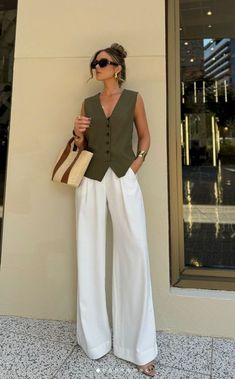 #BEAUTY ,#REALATIONSHIPS #Fashion #Outfits #Winter Outfits #Animals Off White Slacks Outfit Women, Rio Outfits, Wide Leg Outfit, Waistcoat Outfit, Vest Outfits For Women, Wide Leg Pants Outfit, Looks Pinterest, Getting Bored, Chique Outfits