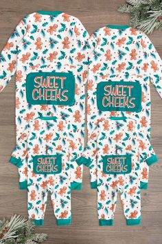 "Sweet Cheeks" Gingerbread Holly Family Pajamas | Sparkle In Pink Christmas Family Pajamas Ideas, Funny Family Christmas Pajamas, Matching Christmas Pajamas Family, Fall Pajamas, Matching Mommy Daughter Outfits, Christmas Family Pajamas, Family Holiday Pictures, Goldendoodle Mom, Gingerbread Family