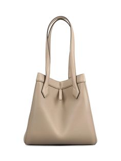 Leather Elegant Square Soft Leather Bucket Bag, Beige Smooth Grain Shoulder Bag For Shopping, Modern Soft Leather Shoulder Bag In Taupe, Leather Taupe Satchel For Shopping, Taupe Leather Satchel For Shopping, Elegant Taupe Shoulder Bag With Smooth Grain, Modern Soft Leather Taupe Shoulder Bag, Elegant Taupe Bucket Bag For Daily Use, Elegant Square Beige Bucket Bag