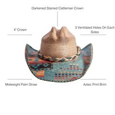 The Cassius is a strong cowboy hat with Aztec print on the brim, and a trimmed rim. A cloth and straw weaved hatband is included to complete the look. A sewn-in elastic sweatband means you'll have all day comfort but we also include 2 free adhesive reducers to make sure it's a perfect fit (a $10 value). Western Straw Hat With Flat Bill For Western-themed Events, Western Style Straw Hat For Western-themed Events, Multicolor Fedora With Curved Brim For Rodeo, Country Style Straw Hat For Western-themed Events, Multicolor Curved Brim Sun Hat For Rodeo, Multicolor Western Fedora With Curved Brim, Multicolor Flat Brim Straw Hat For Rodeo, Western Multicolor Wide Brim Straw Hat, Western Style Multicolor Wide Brim Straw Hat