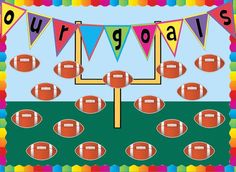 an image of a football game with congratulations flags and balls on the field in front of it