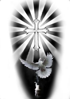 a white bird flying over a cross on top of a black and white background with sunbursts