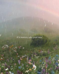 a field full of flowers with a rainbow in the sky above it and an inspirational quote