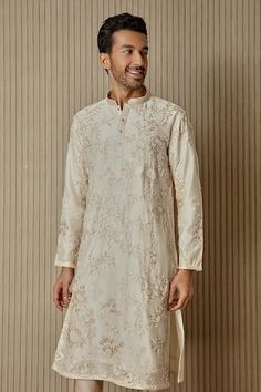 Cream chanderi silk kurta with all over floral jaal pattern, contrast sequin, dabka, moti and resham hand embroidery. Paired with contrast pyjama. - Aza Fashions Sequin, Fashion App, Aza Fashion, Hand Embroidered, Hand Embroidery, Silk, Floral, Pattern