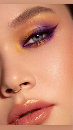 Makeup Ideas For Yellow Outfit, Mystical Eye Makeup, Purple Yellow Eyeshadow, Purple Orange Makeup Look, Orange And Purple Eyeshadow, Purple And Yellow Eyeshadow, Orange Purple Eyeshadow, Yellow And Purple Makeup, Gold And Purple Makeup