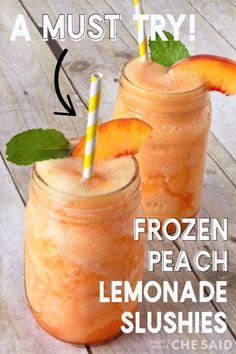 two glasses filled with frozen peach lemonade slushies