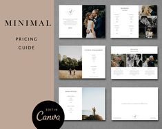 the minimal wedding pricing guide is displayed on a gray background with black and white photos