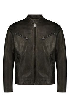 A weathered wash brings vintage character to a rugged leather jacket complete with zip pockets. Front zip closure Band collar with snap closure Zip cuffs Chest zip pockets; front zip pockets Lined Leather Professional leather clean Imported Rugged Leather Jacket With Zipper Closure, Rugged Biker Jacket With Zipper Closure, Rugged Biker Jacket With Zipper Closure For Biker Events, Rugged Biker Jacket With Zipper For Biker Events, Rugged Long Sleeve Biker Jacket, Washed Leather Jacket, Cafe Racer Jacket, Rugged Leather, Racer Jacket