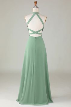 A-Line Halter Open Back Matcha Bridesmaid Dress with Split Front Green A-line Bridesmaid Maxi Dress, Green Backless Bridesmaid Dress, Green Backless Evening Dress With Sweep Train, Green Bridesmaid Dress With Fitted Bodice And Sweep Train, Fitted Green Bridesmaid Dress For Formal Occasions, Floor-length Green Bridesmaid Dress For Banquet, Green Floor-length Bridesmaid Dress For Banquet, Green Bridesmaid Dress With Sweep Train For Banquet, Green Wedding Evening Dress With Corset Back