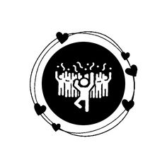 a black and white logo with hearts around it