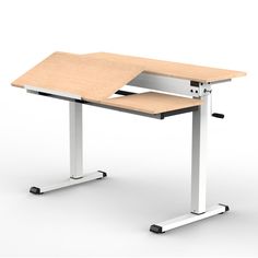 an office desk with a wooden top and metal legs, on a white background is shown