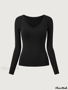 Olivia Mark - Round Neck Long Sleeve Slim Fit Plain T-Shirt - Innerwear or Outerwear Layering Top Sleeve Stencil, Backless Tank Top, Plain T Shirt, Yoga Tank Tops, Layered Tops, Plain Tshirt, Types Of Collars, Breathable Fabric, Layering