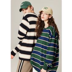 Men's Color-Blocking Striped Cotton Long-Sleeved T-Shirt - graphictee.co Oversized Graphic Tee, Cool Cartoons, Pullover Men, Oversized Tee, Mens Graphic Tee, Grey Fashion, Green Fashion, Cotton Style, Types Of Collars